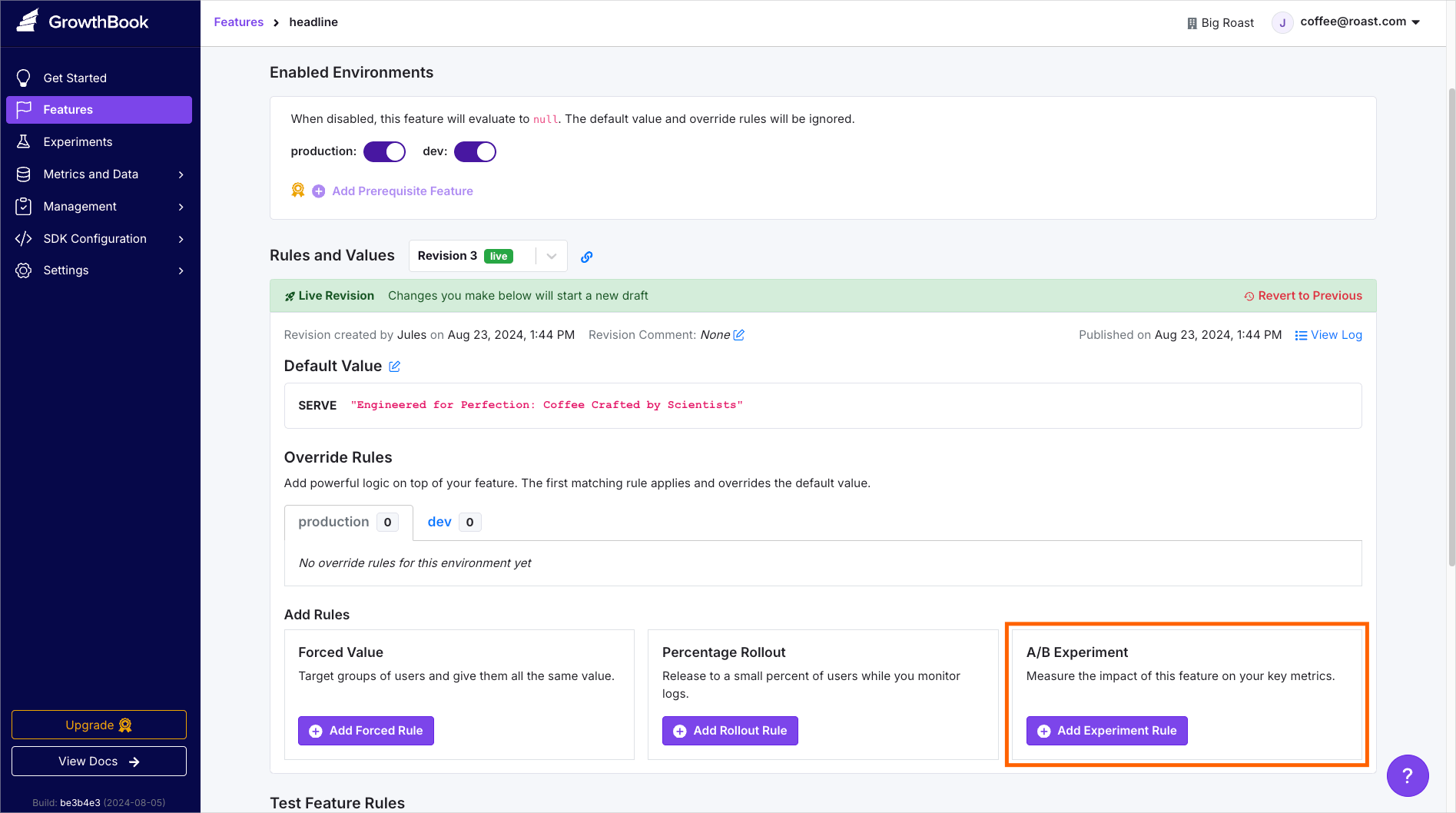 Creating an experiment in GrowthBook