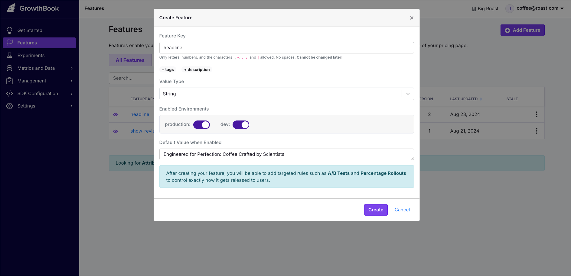 Creating a feature called headline in GrowthBook