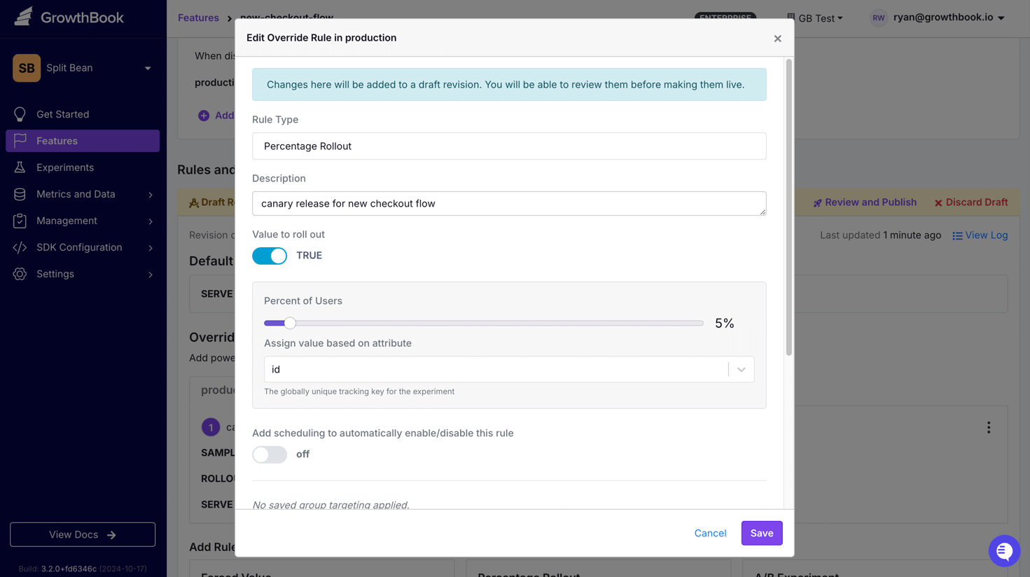 Percentage rollout GrowthBook dialogue