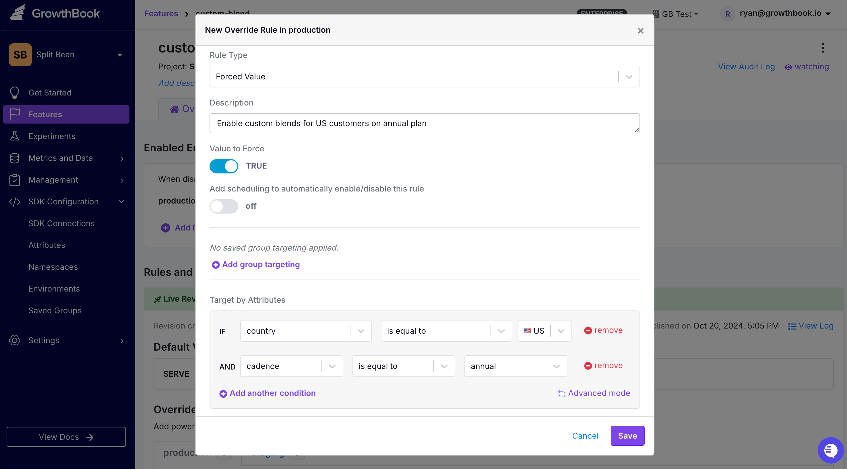 GrowthBook override value dialog