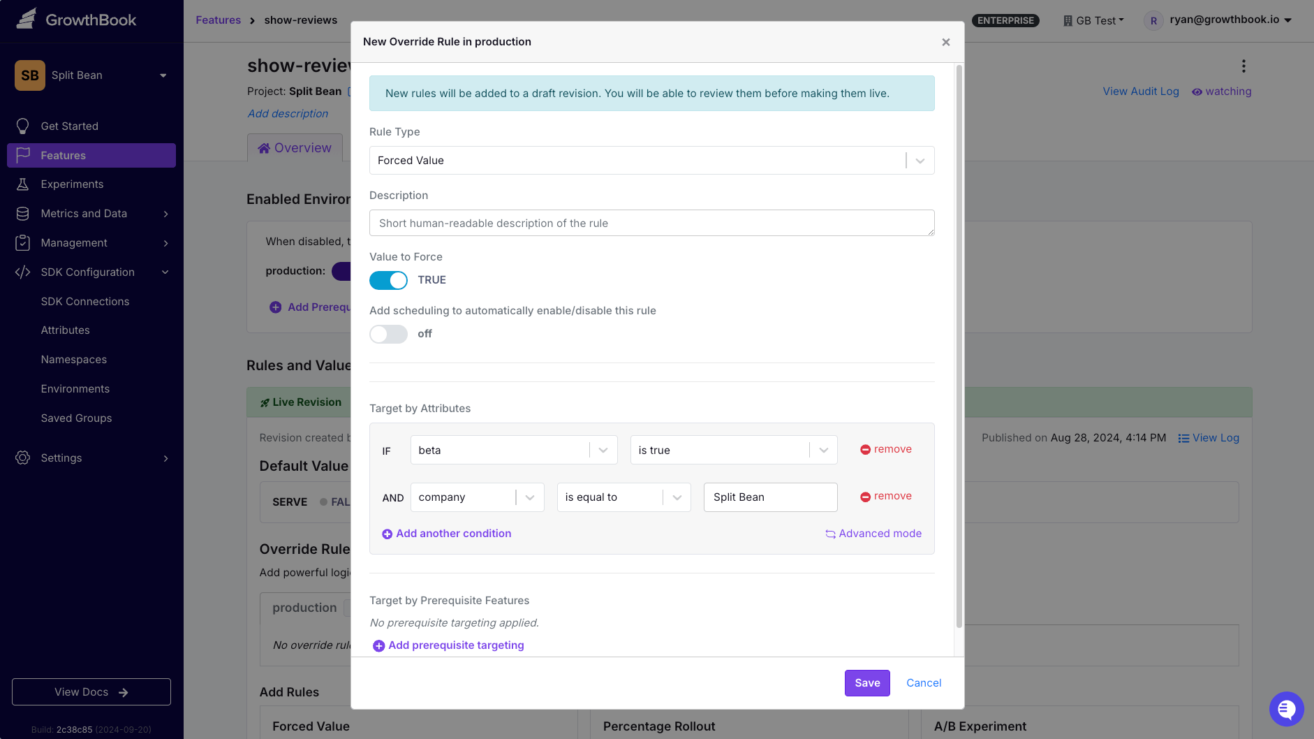 Forced value dialog with beta and company attributes set to true and Split Bean, respectively