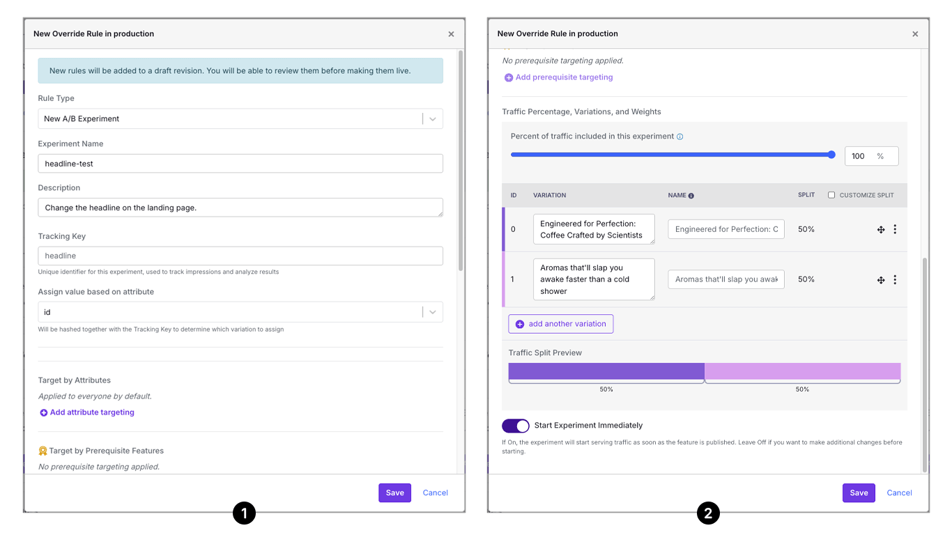 Two modals showing 1. Adding an A/B experiment and 2. Adding two headline variations for those modals