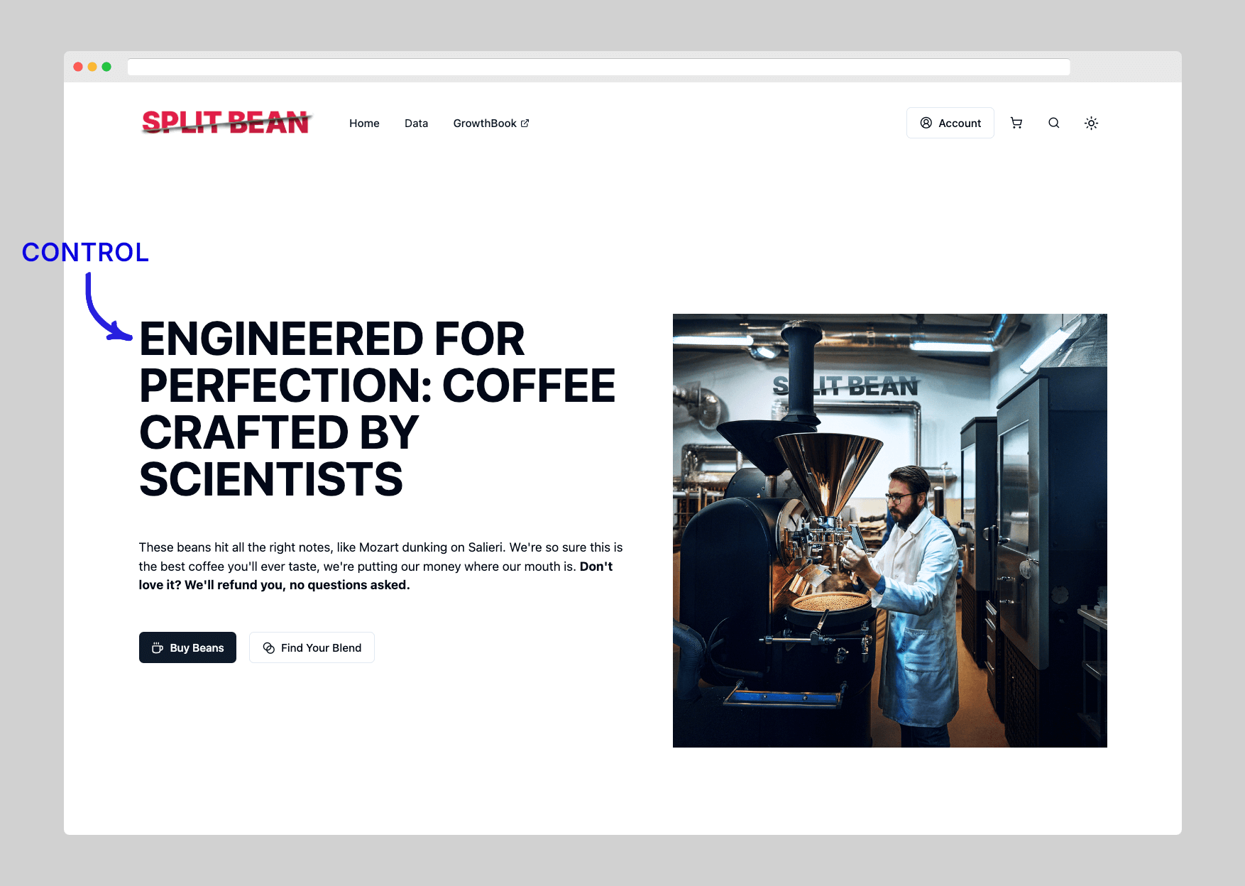 Split Bean coffee company homepage showing the control headline