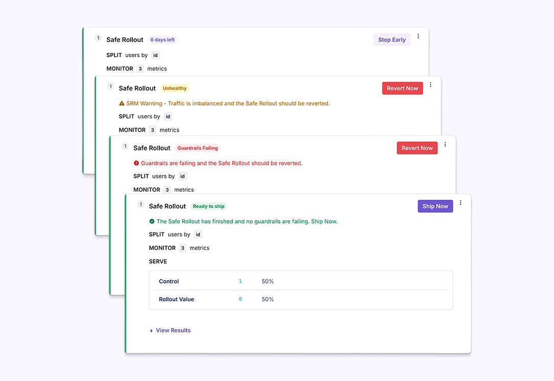 Safe rollout modal with different states like ship now and revert now